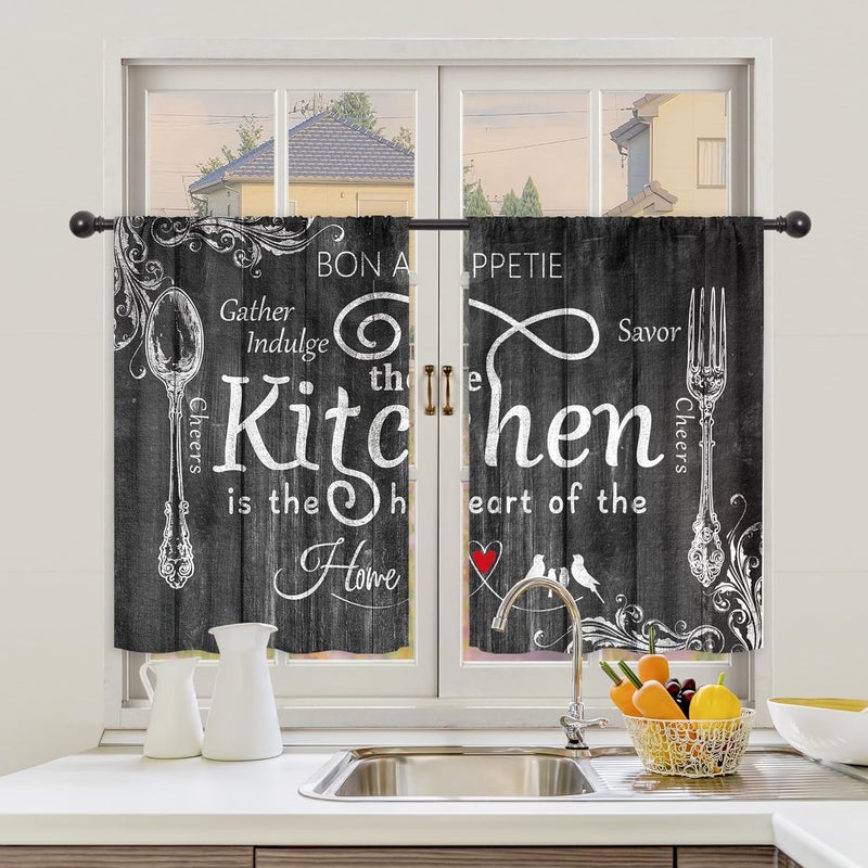 Riyidecor Farmhouse Black White Kitchen Curtains and Valances 3 Piece Set Rod Pocket 36 Inch Short Rustic Country Fork and Spoon Wooden Retro Vintage Funny Quotes Bedroom Living Room Treatment Fabric - Image 3